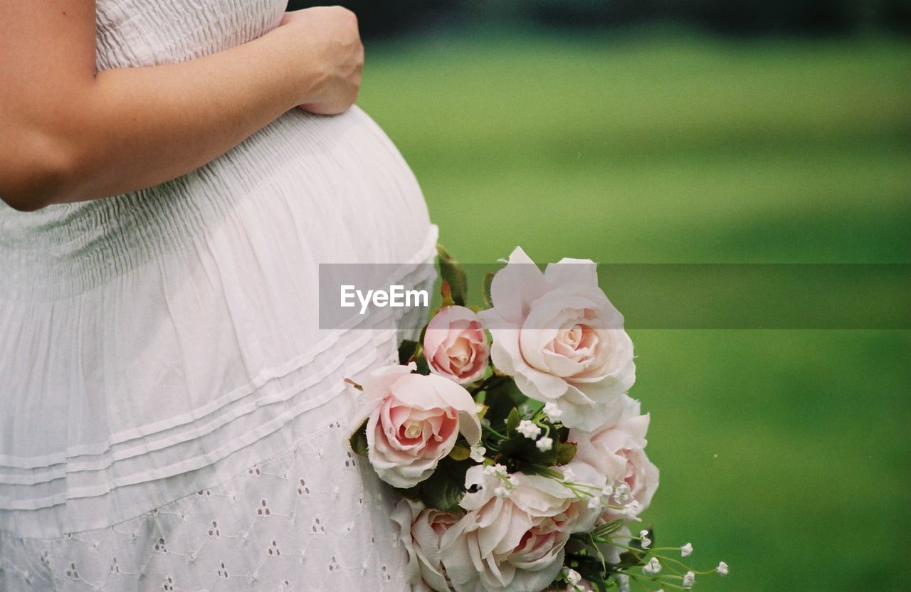 Midsection of pregnant woman with rose flower bouquet