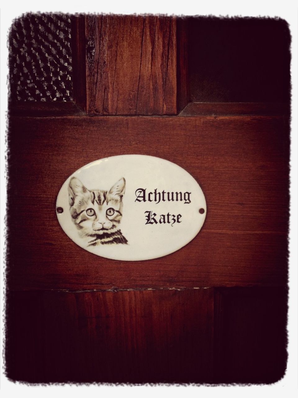 Close-up of cat sign on wooden door