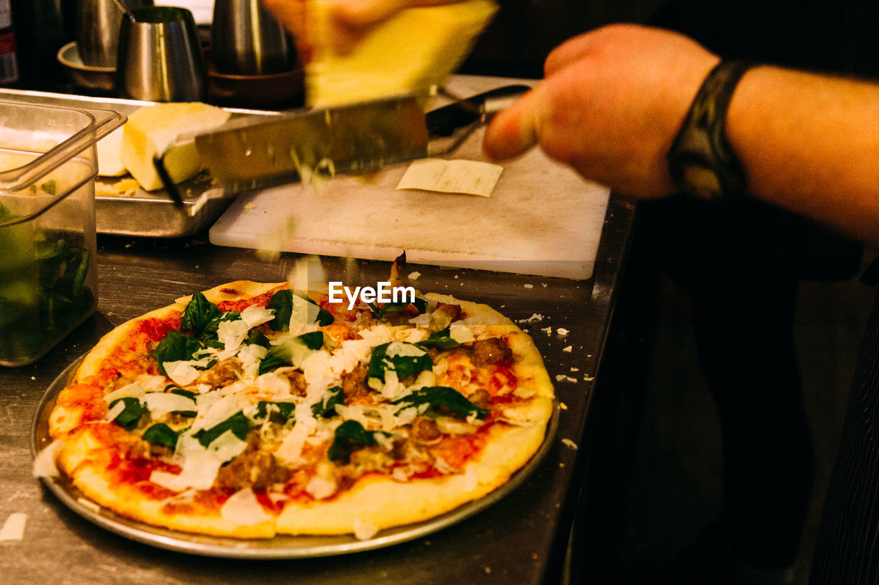 High angle view of pizza on table