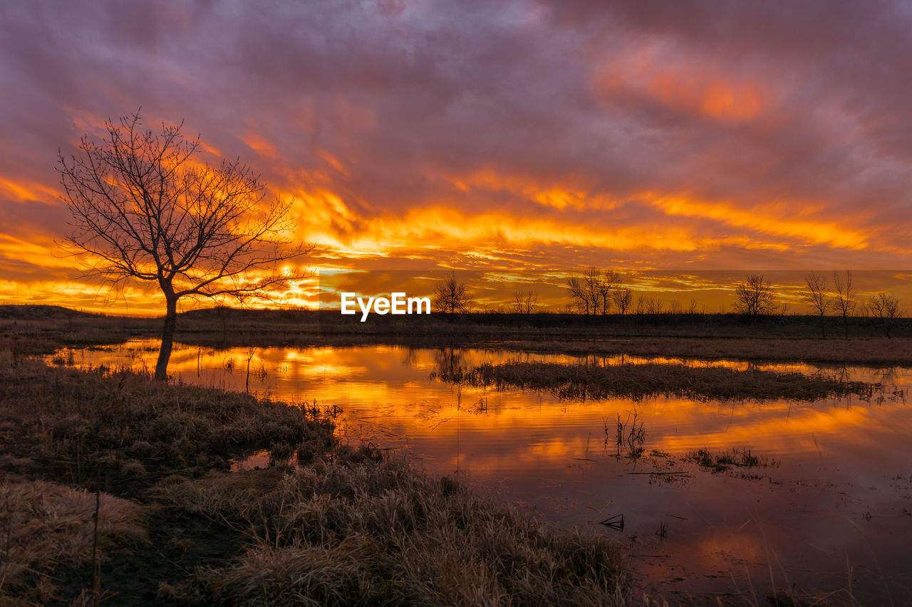 Scenic view of lake against cloudy sky