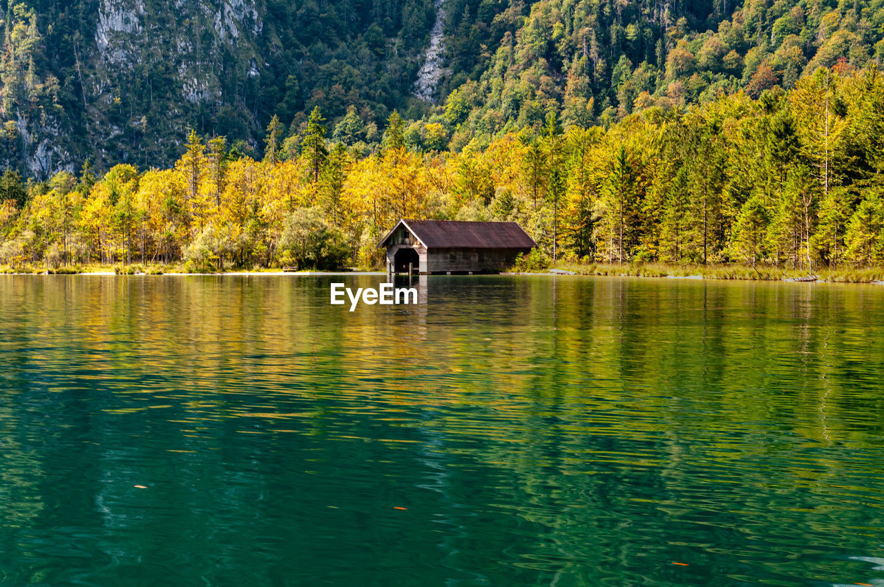 Beautiful lake konigssee and a small wooden hut