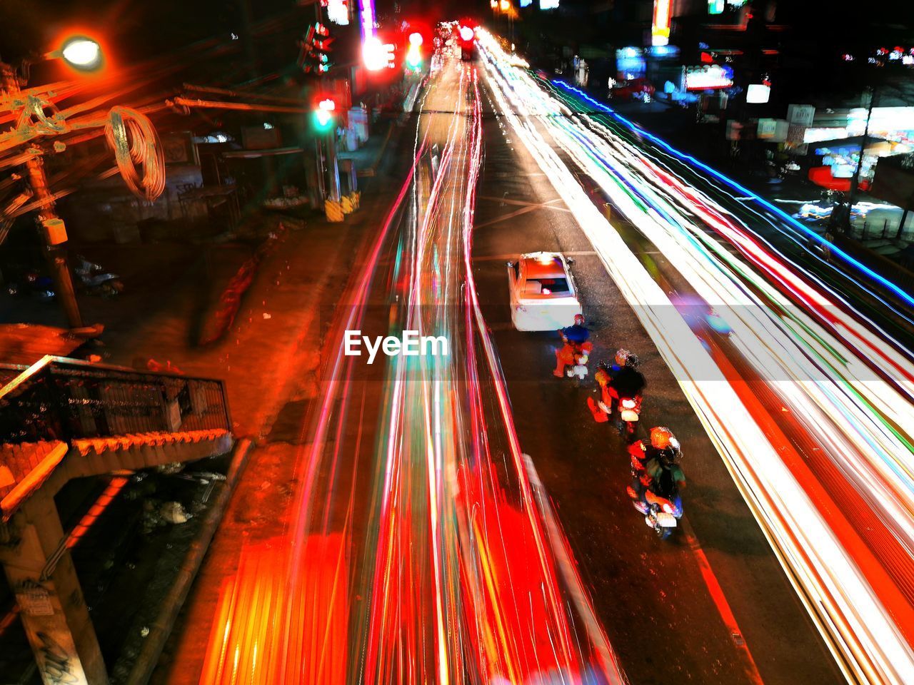 High angle view of light trails on city street