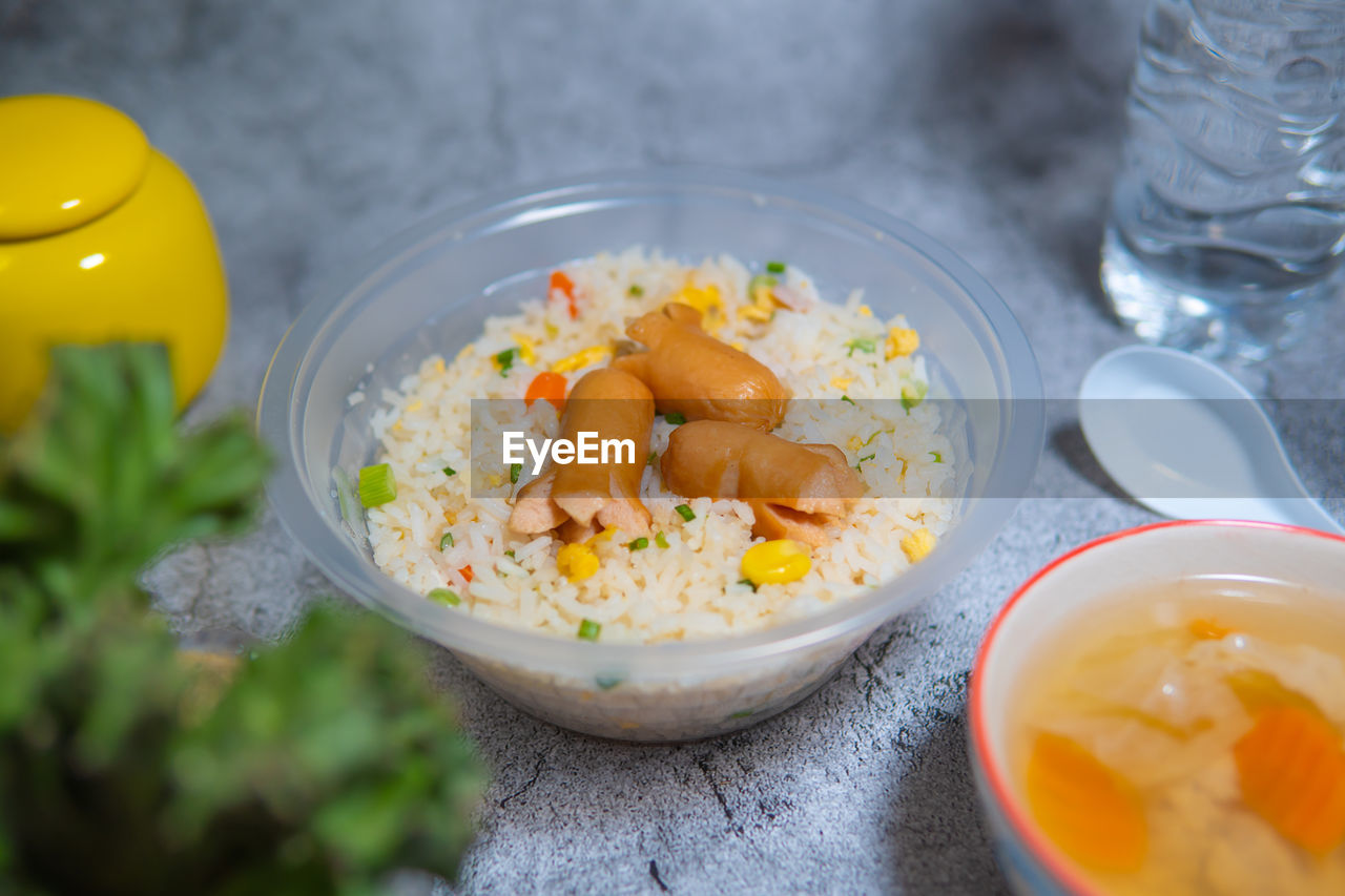 High angle view of breakfast served on table