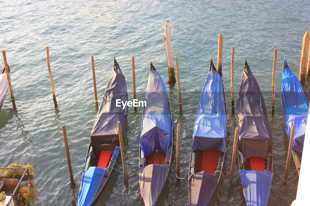 High angle view of gondolas moored on grand canal