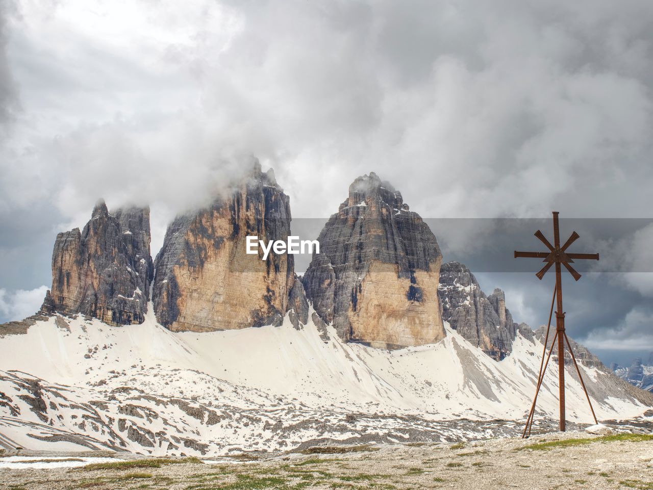 The popular tre cime di lavaredo. the most famous peaks in the italian dolomites, spring afternoon