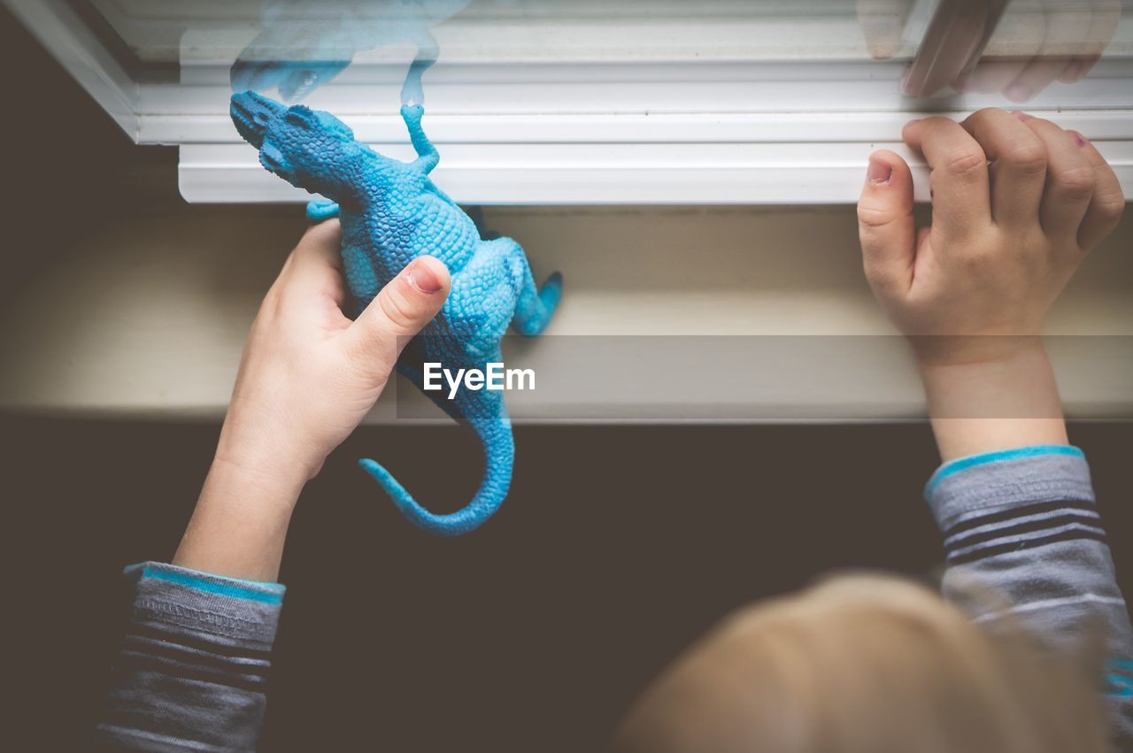 Cropped hands of boy playing with dinosaur toy on window sill