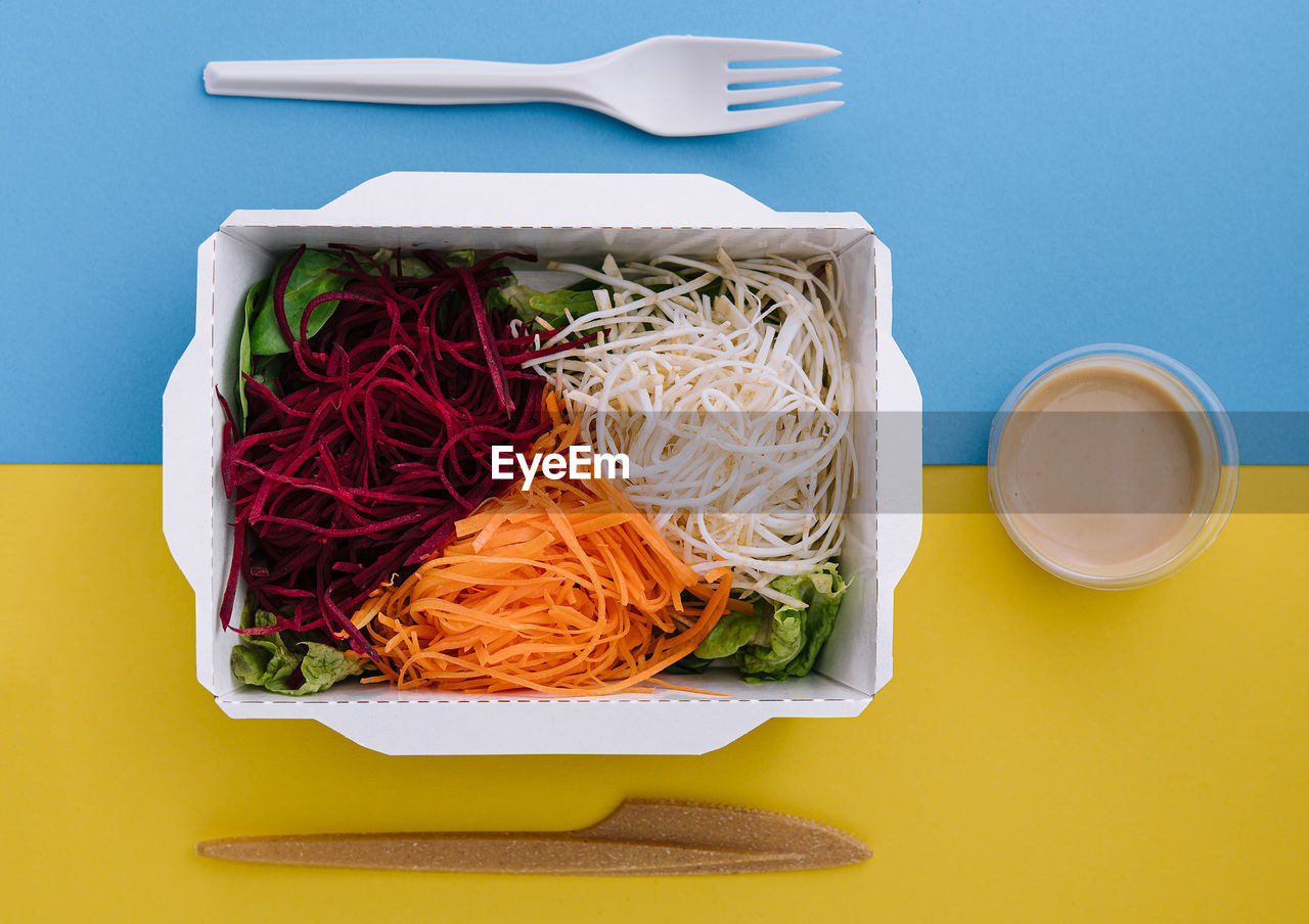 high angle view of food in bowl on table