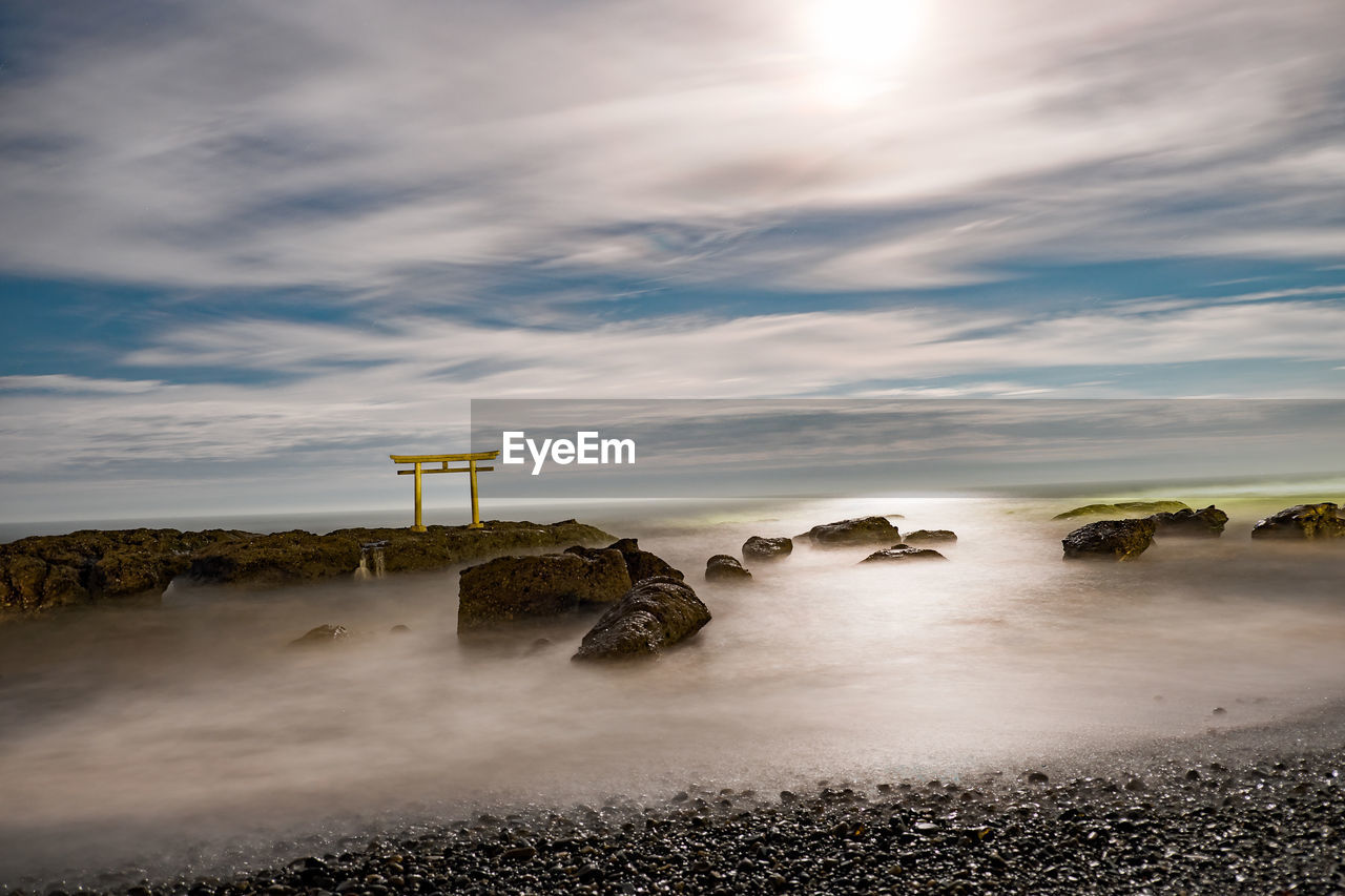 SCENIC VIEW OF SEA SHORE AGAINST SKY