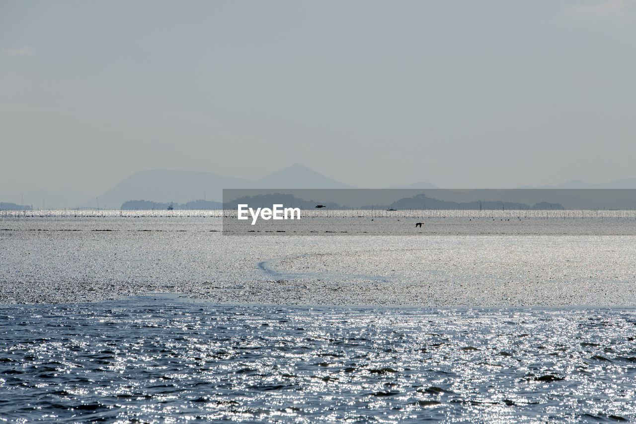 Scenic view of sea against clear sky during winter