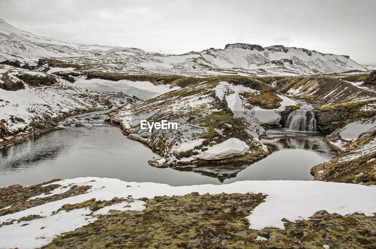 Snowy landscape with a twin waterfall in the mountains above olafsvik in iceland
