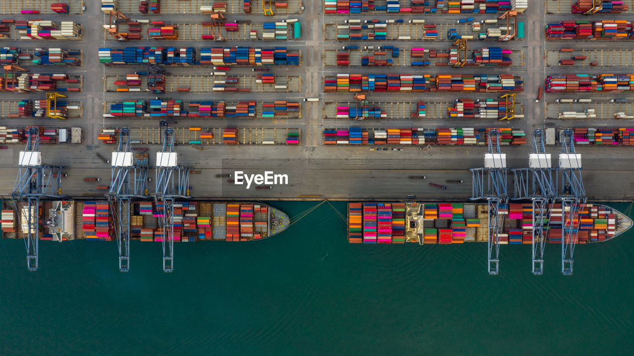 Aerial view container ship working at seaport, global business company import export logistic