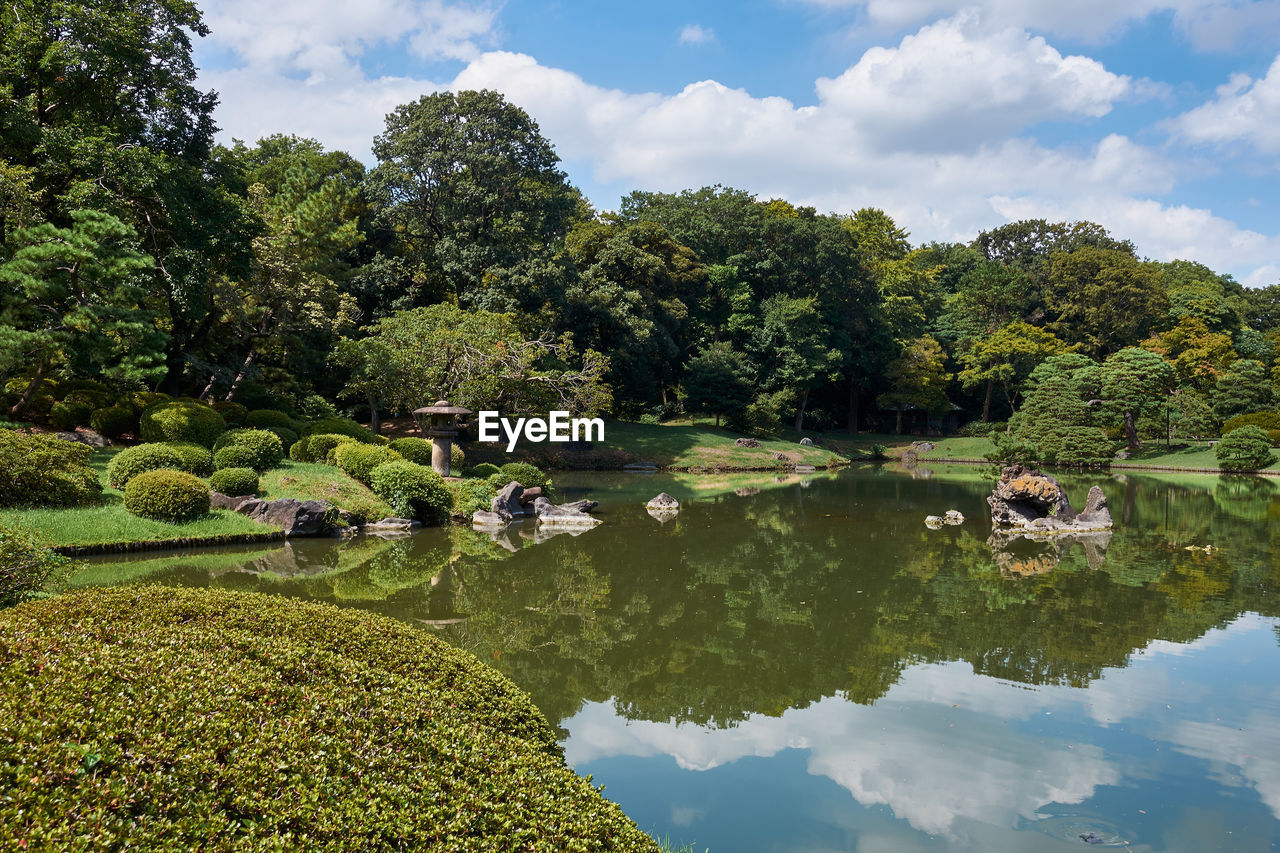 Scenic view of lake by trees against sky