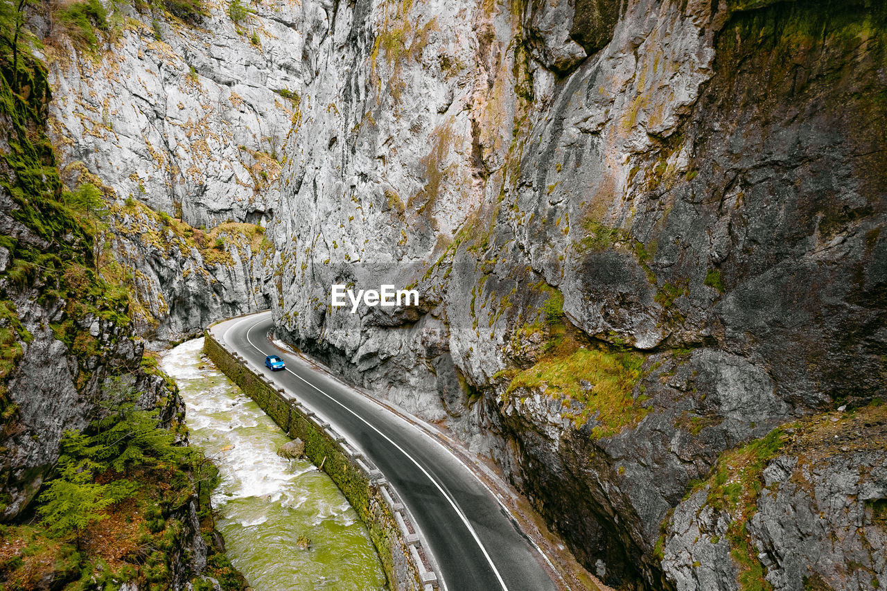 Aerial view of road in mountain canyon