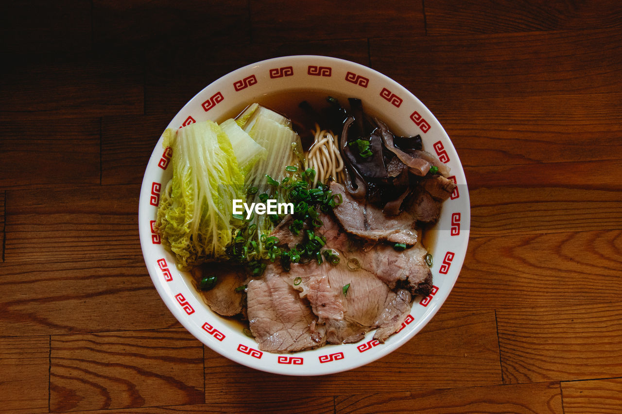 High angle view of food in bowl on table