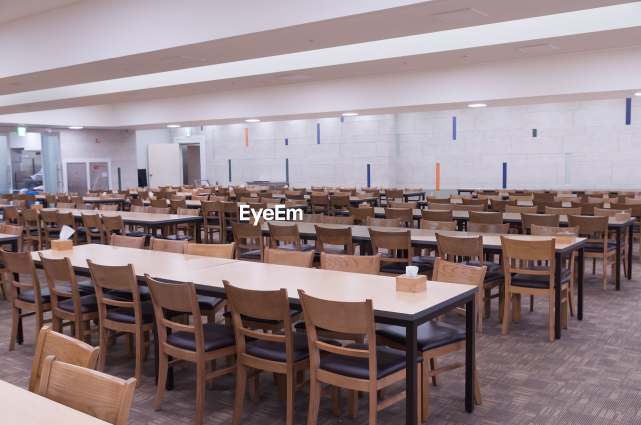 EMPTY CHAIRS AND TABLES IN ROW AT RESTAURANT