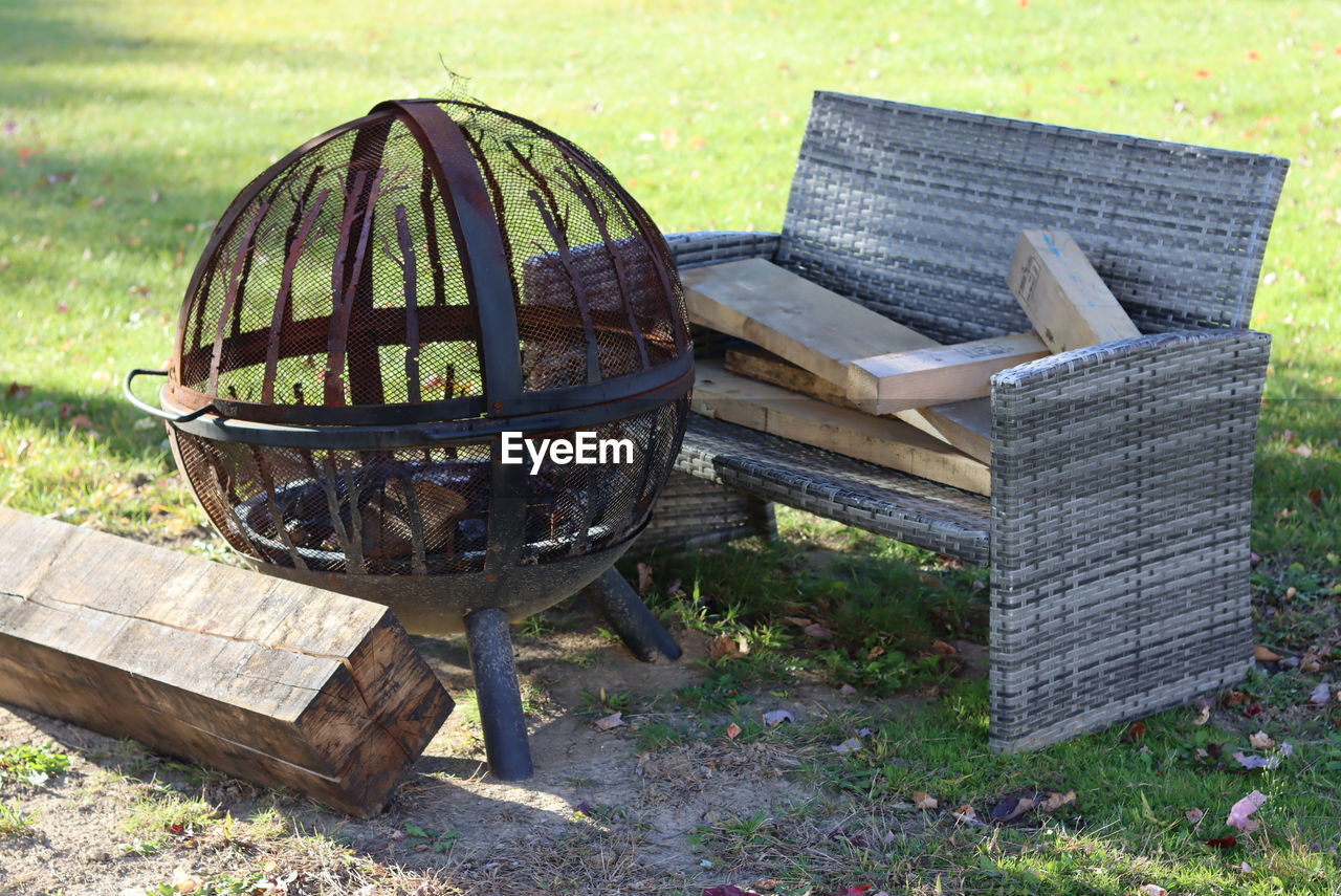 grass, wood, nature, day, no people, plant, field, seat, cart, land, bench, outdoors, furniture, absence, old, chair