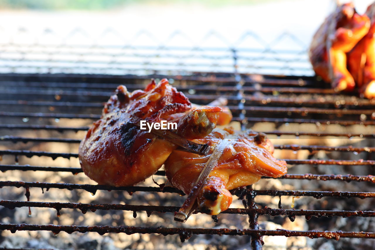 CLOSE-UP OF MEAT ON GRILL