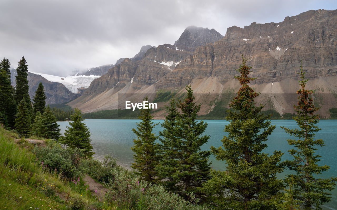 Scenic view of mountains and lake against sky