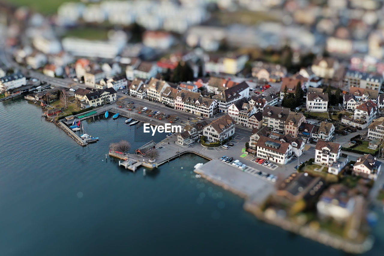 Aerial view of the harbor in stäfa edited with a miniature effect