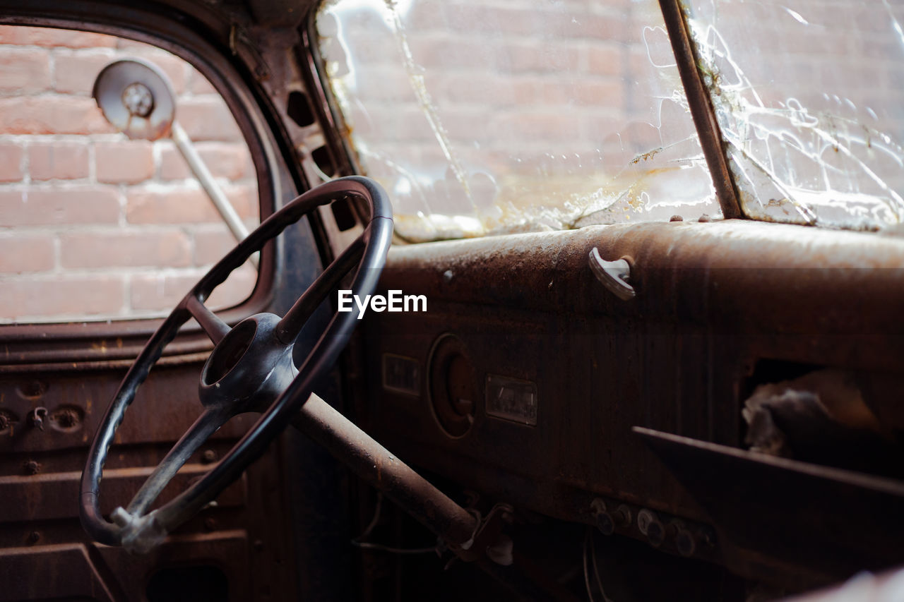 Interior of abandoned vintage car
