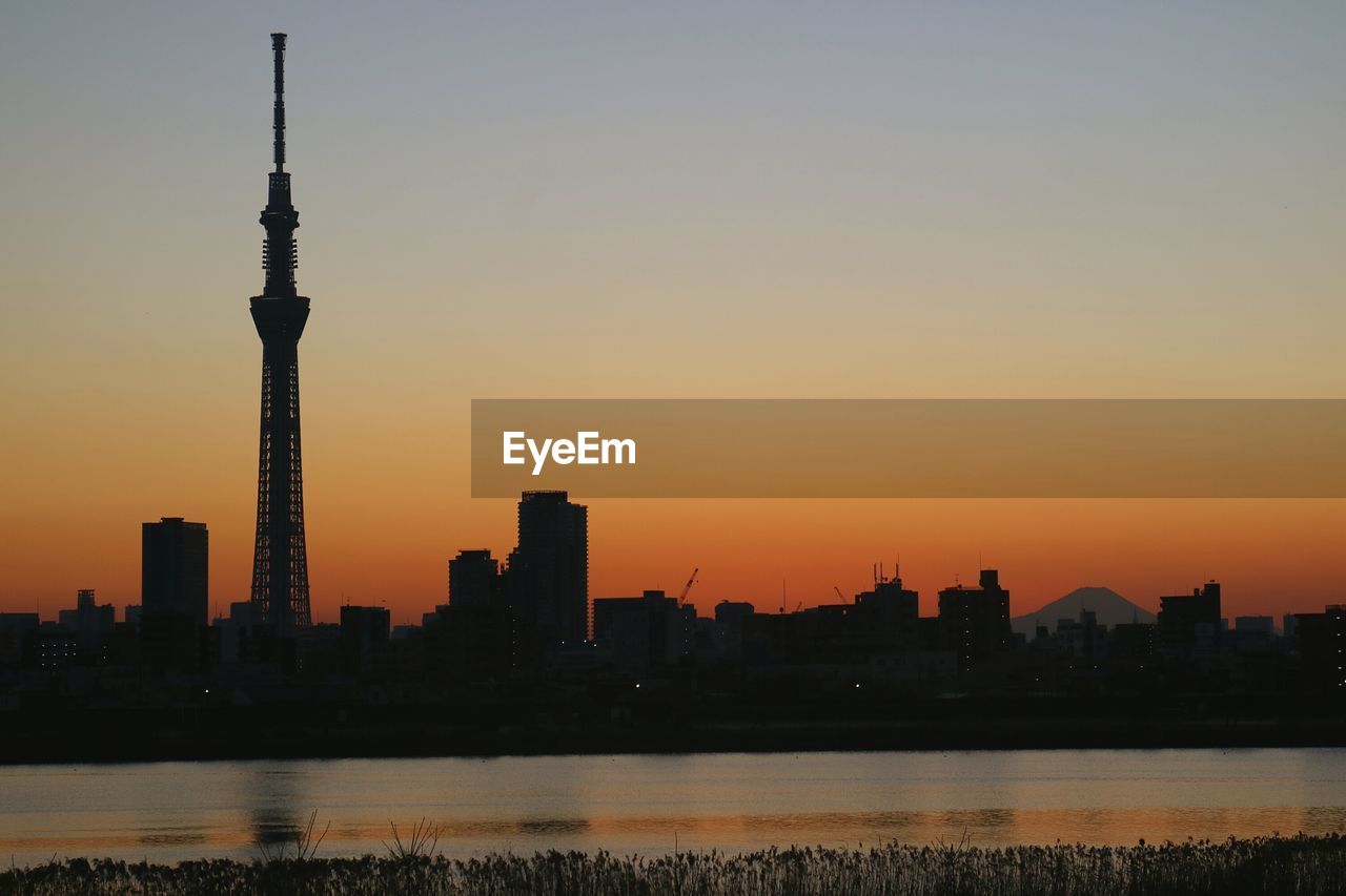 City skyline at sunset