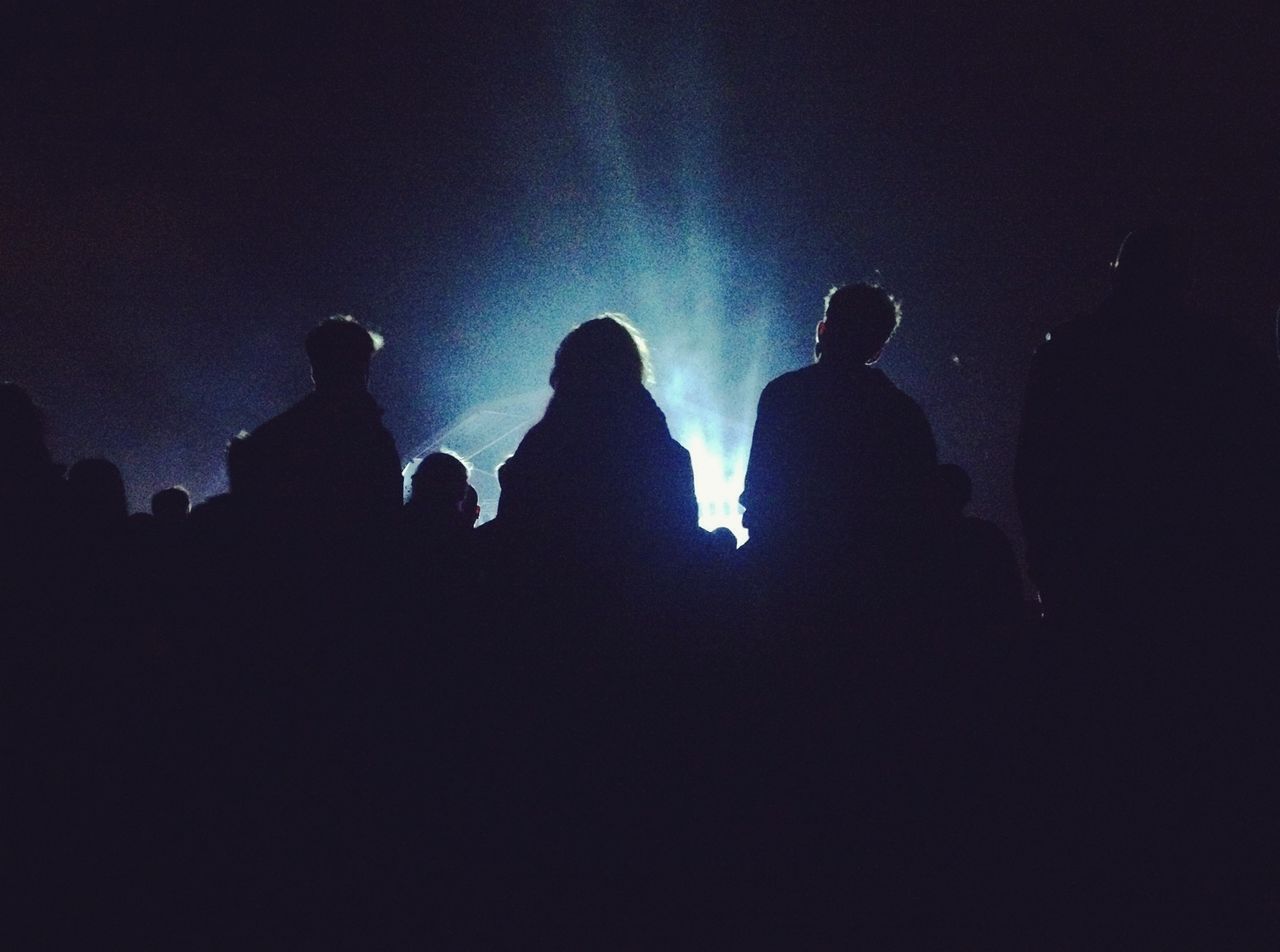 People during music concert against sky at night