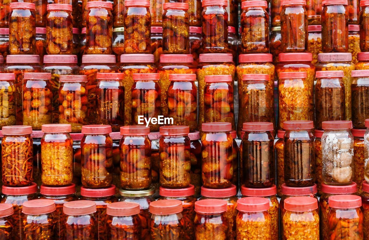 Full frame shot of food in jars at store