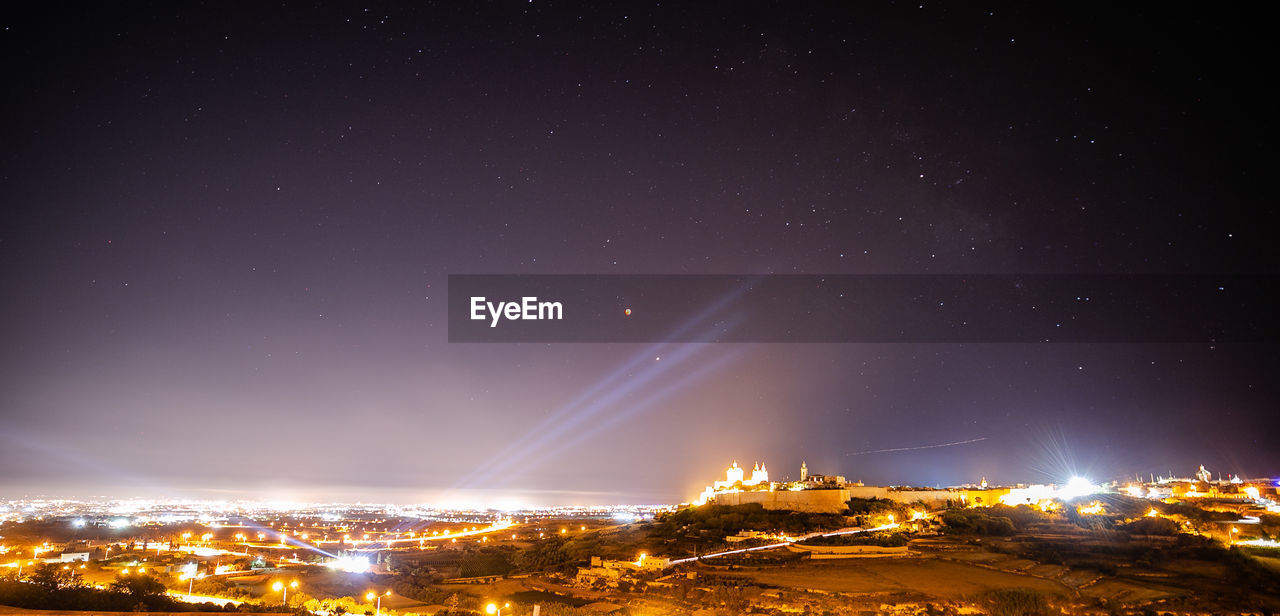 PANORAMIC VIEW OF ILLUMINATED BUILDINGS AGAINST SKY