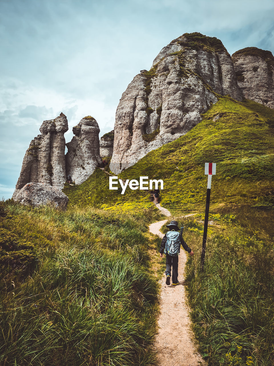 Rear view of people on mountain against sky