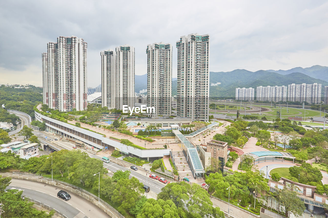 High angle view of buildings against sky