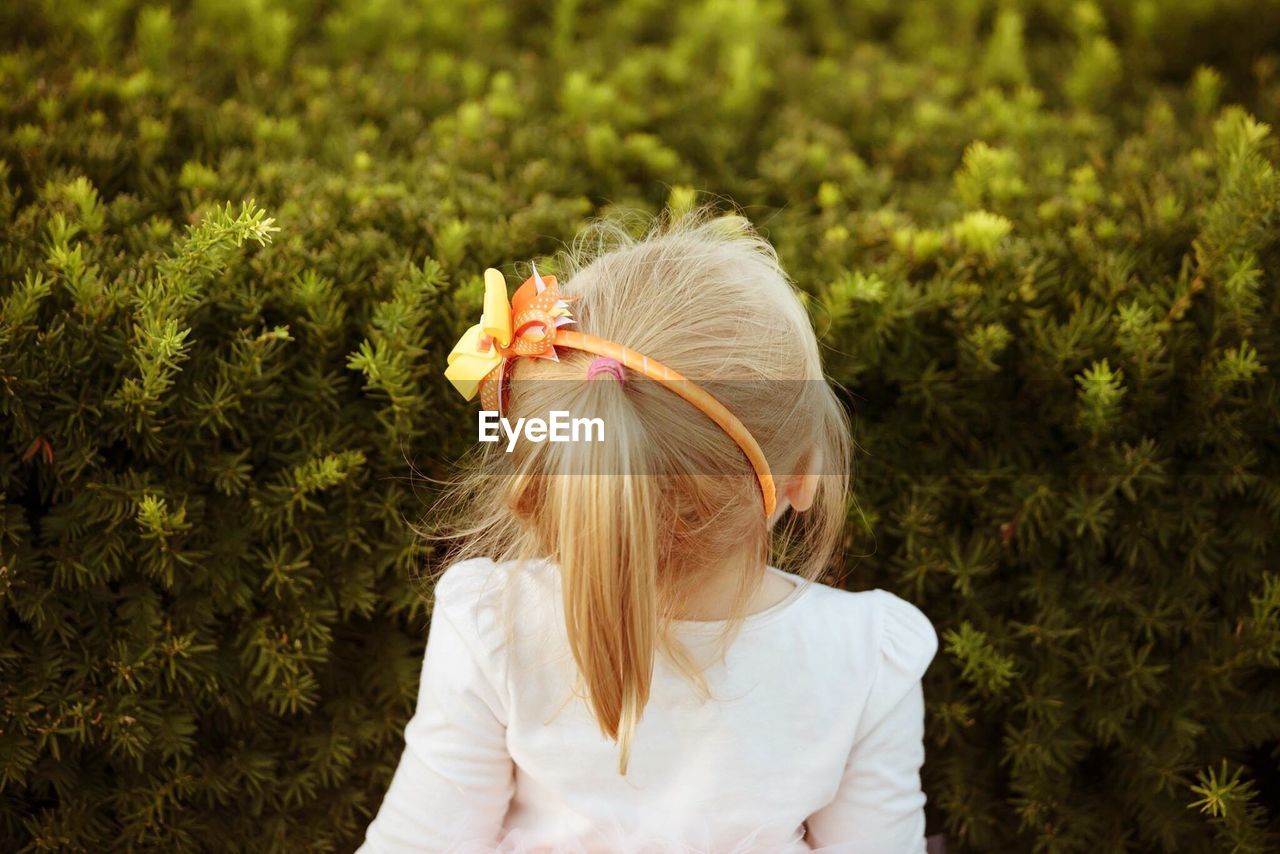 Rear view of girl standing against plants