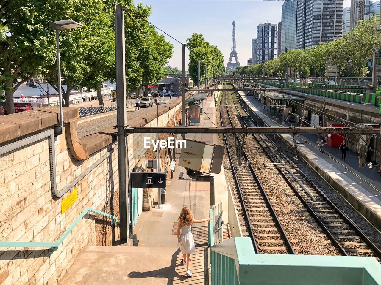 High angle view of railroad tracks in city