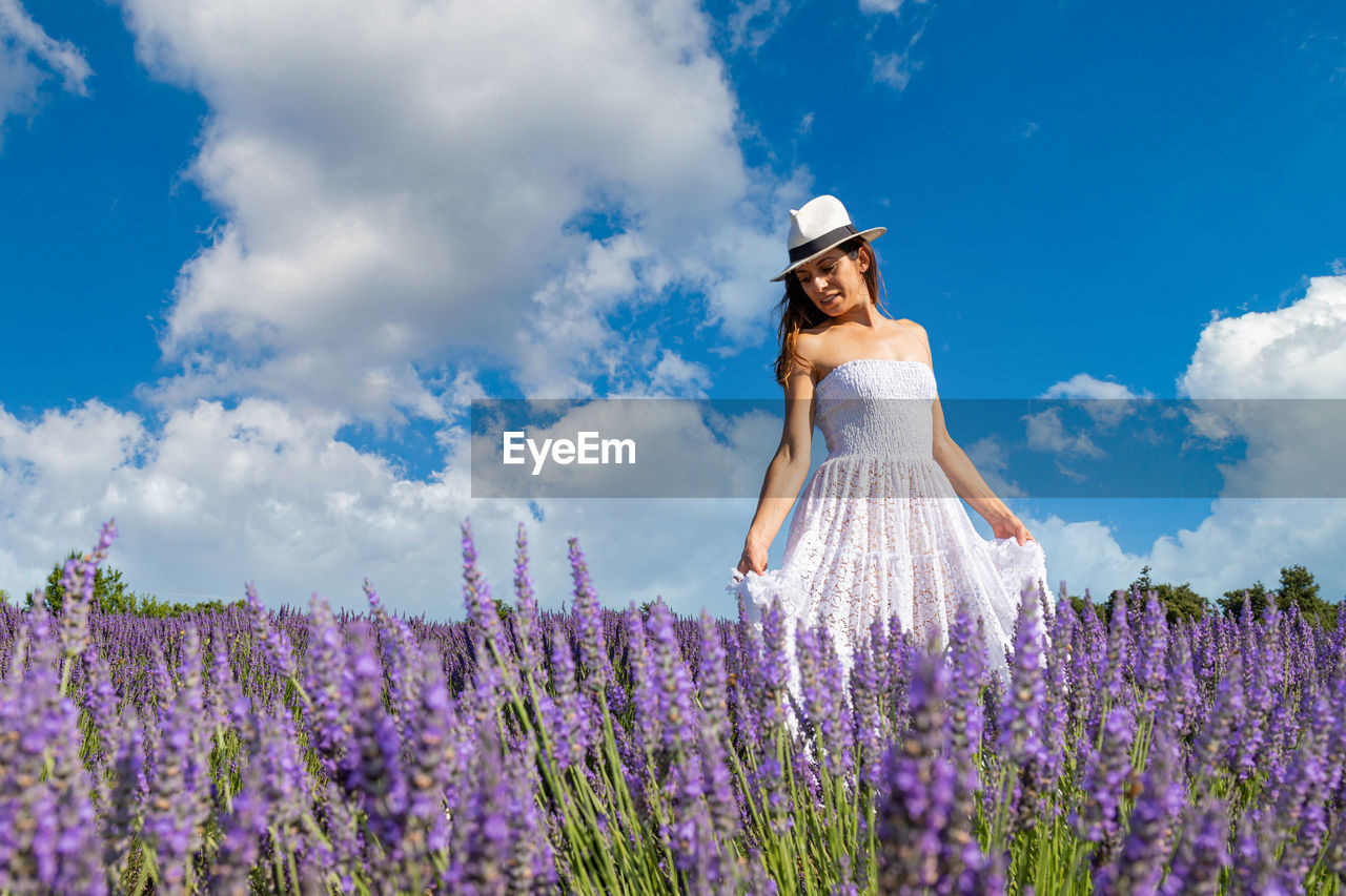 Young woman walking in a blooming lavender field. she wears a long white dress and a straw hat.
