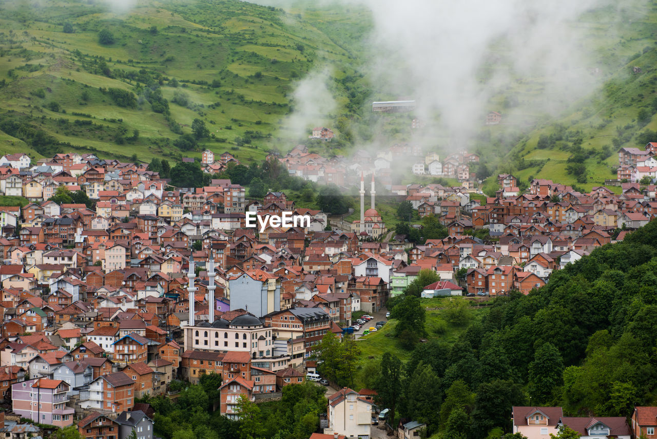 High angle view of buildings in town