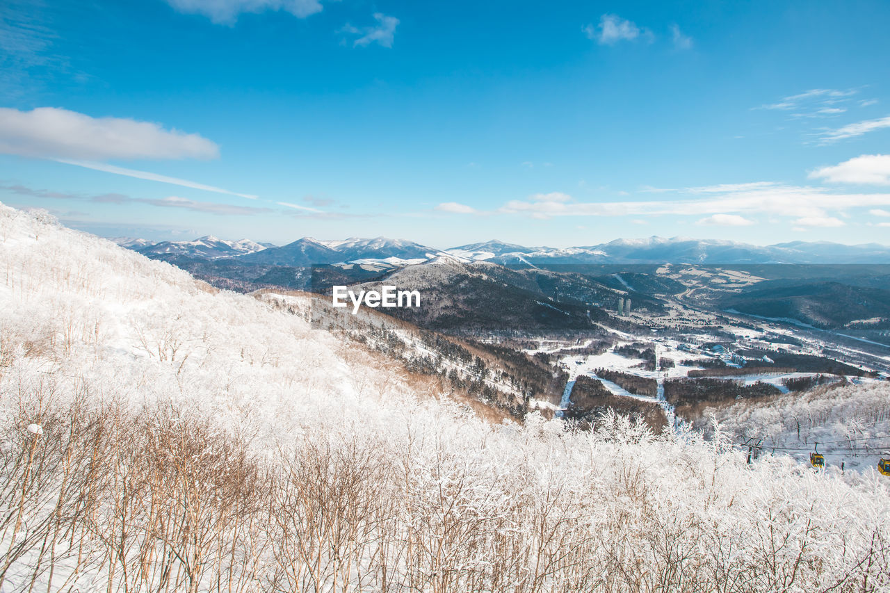 aerial view of snowcapped mountains against sky