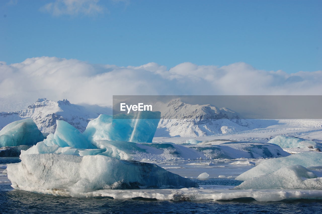 Scenic view of snow landscape of jökulsárlón lagoon against sky