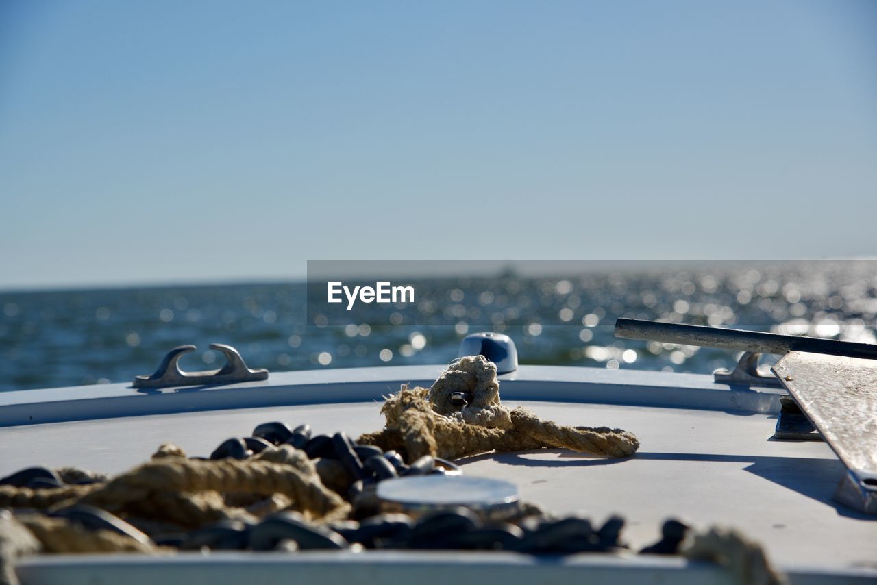 Close-up of boat on sea against clear sky