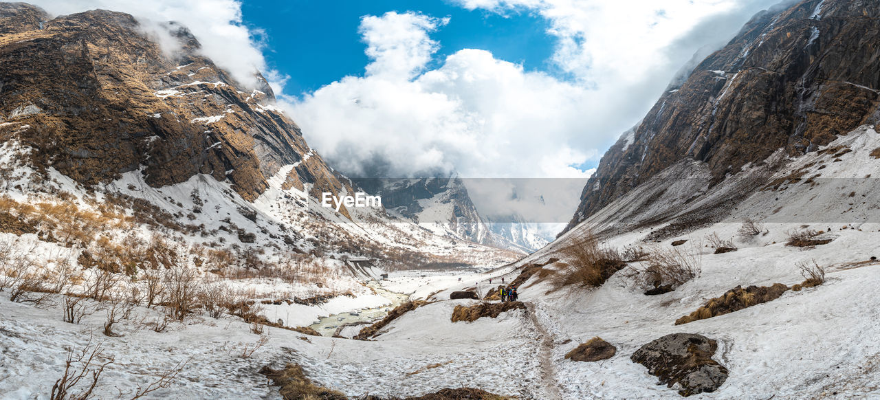 Panoramic view of snowcapped mountains against sky