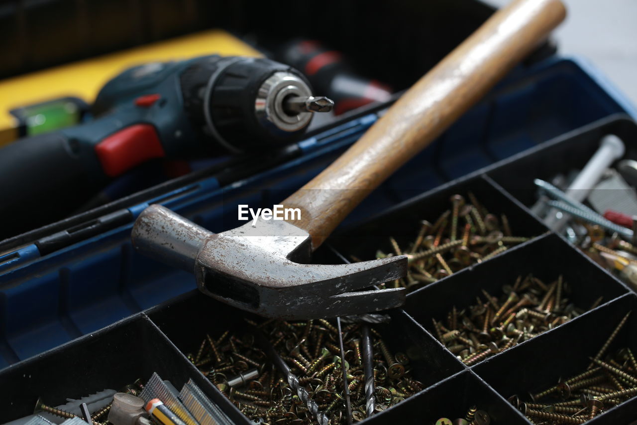 Close-up of work tools on box