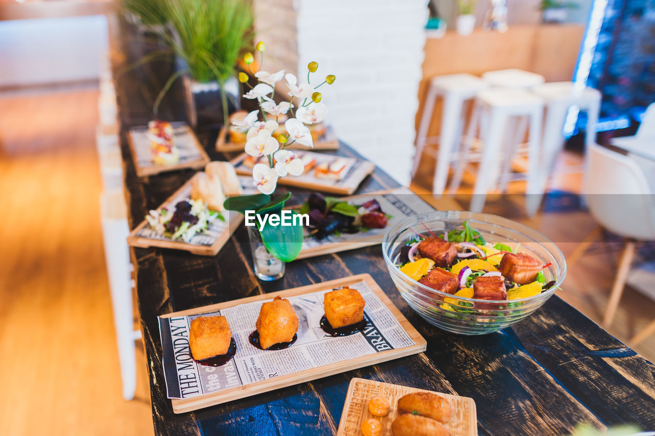 High angle view of meal served on table