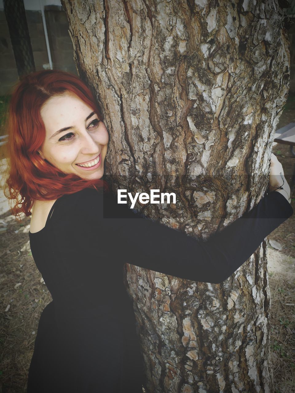 High angle view of smiling woman holding tree trunk outdoors