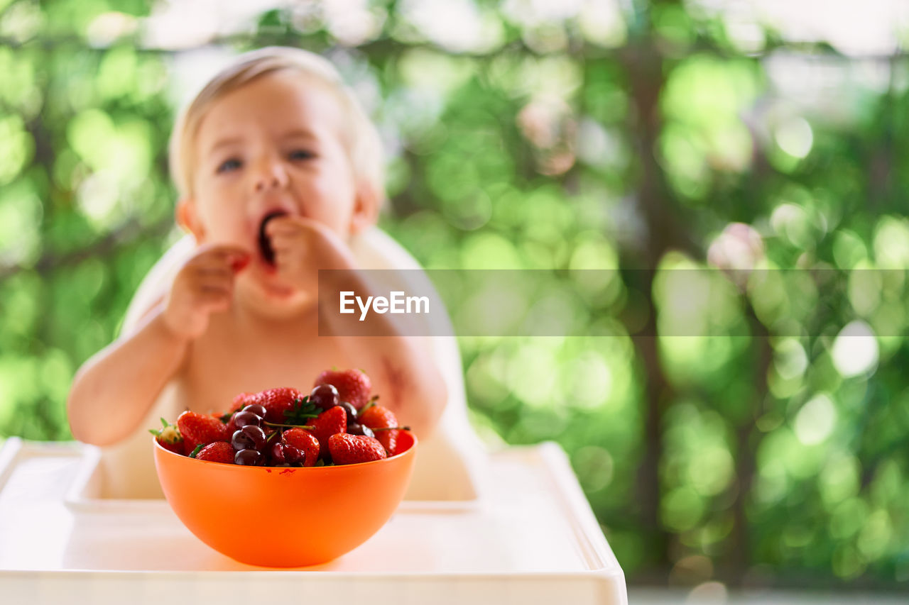 Baby girl sitting while eating strawberry at home