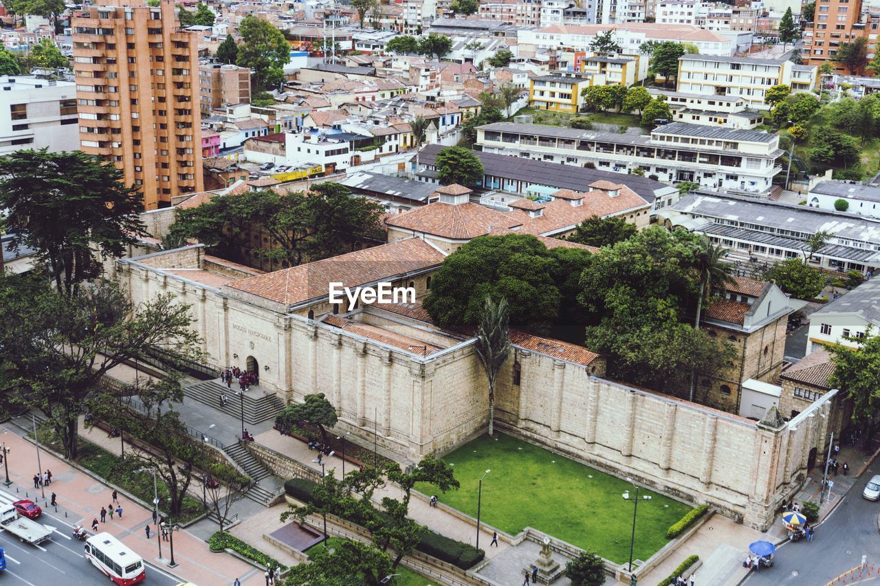 High angle view of street amidst buildings in city