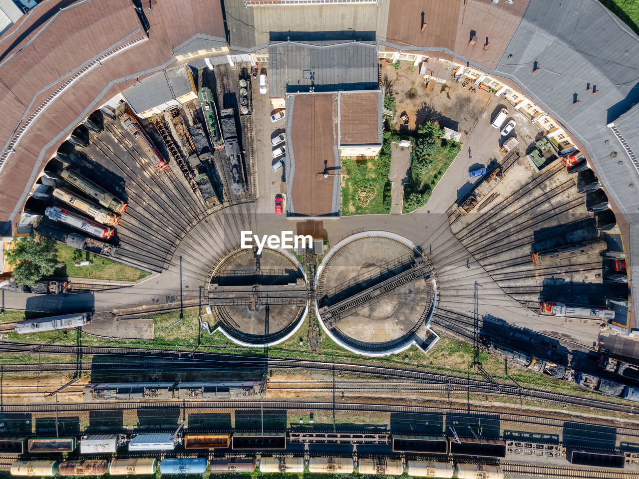 Aerial photo of semicircular railway depot. near round railway turntable for wagons. drone photoshot