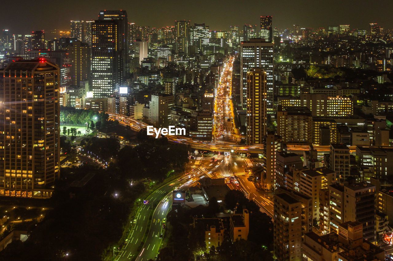 High angle view of illuminated city at night