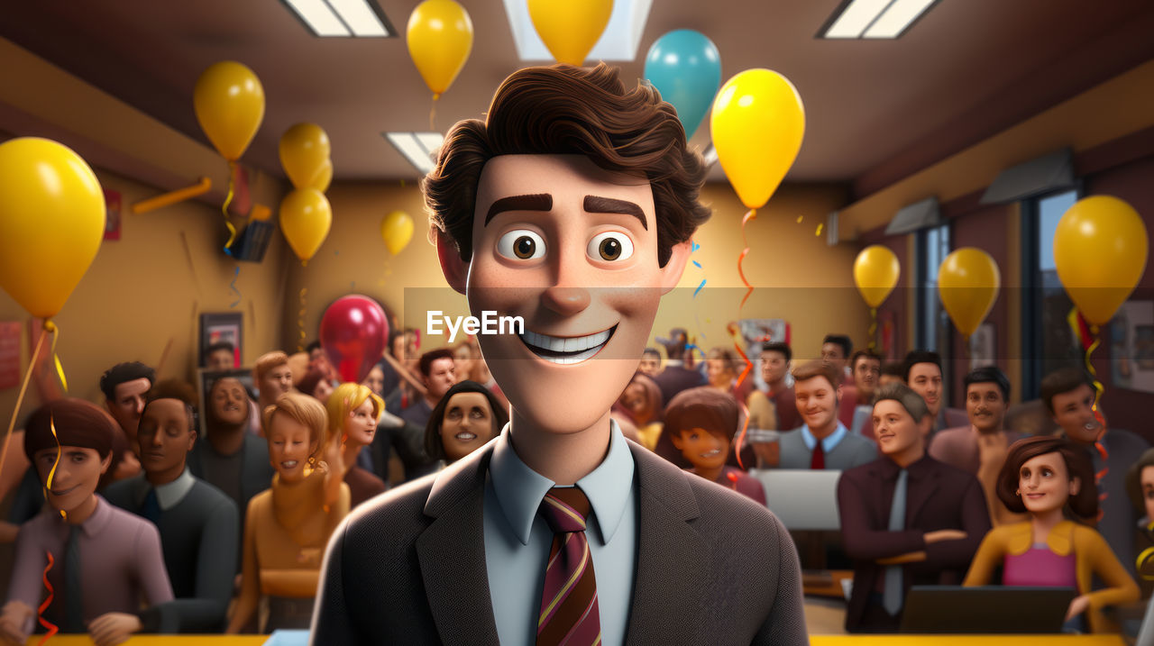 men, balloon, adult, crowd, smiling, group of people, cartoon, business, portrait, happiness, large group of people, formal wear, cheerful, indoors, women, young adult, businessman, event, celebration, emotion, female, looking at camera, childhood, fun, headshot, standing, child, person, clothing