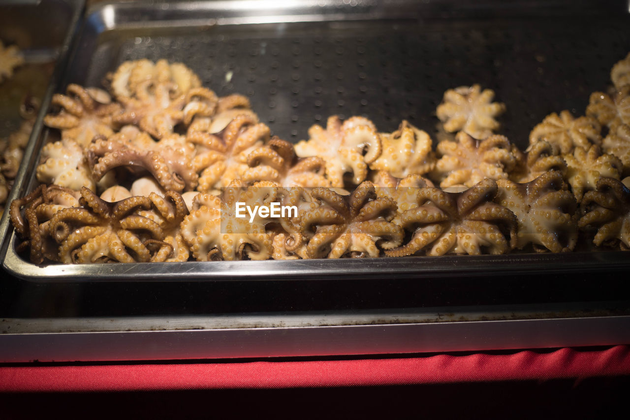 High angle view of octopus in tray on table