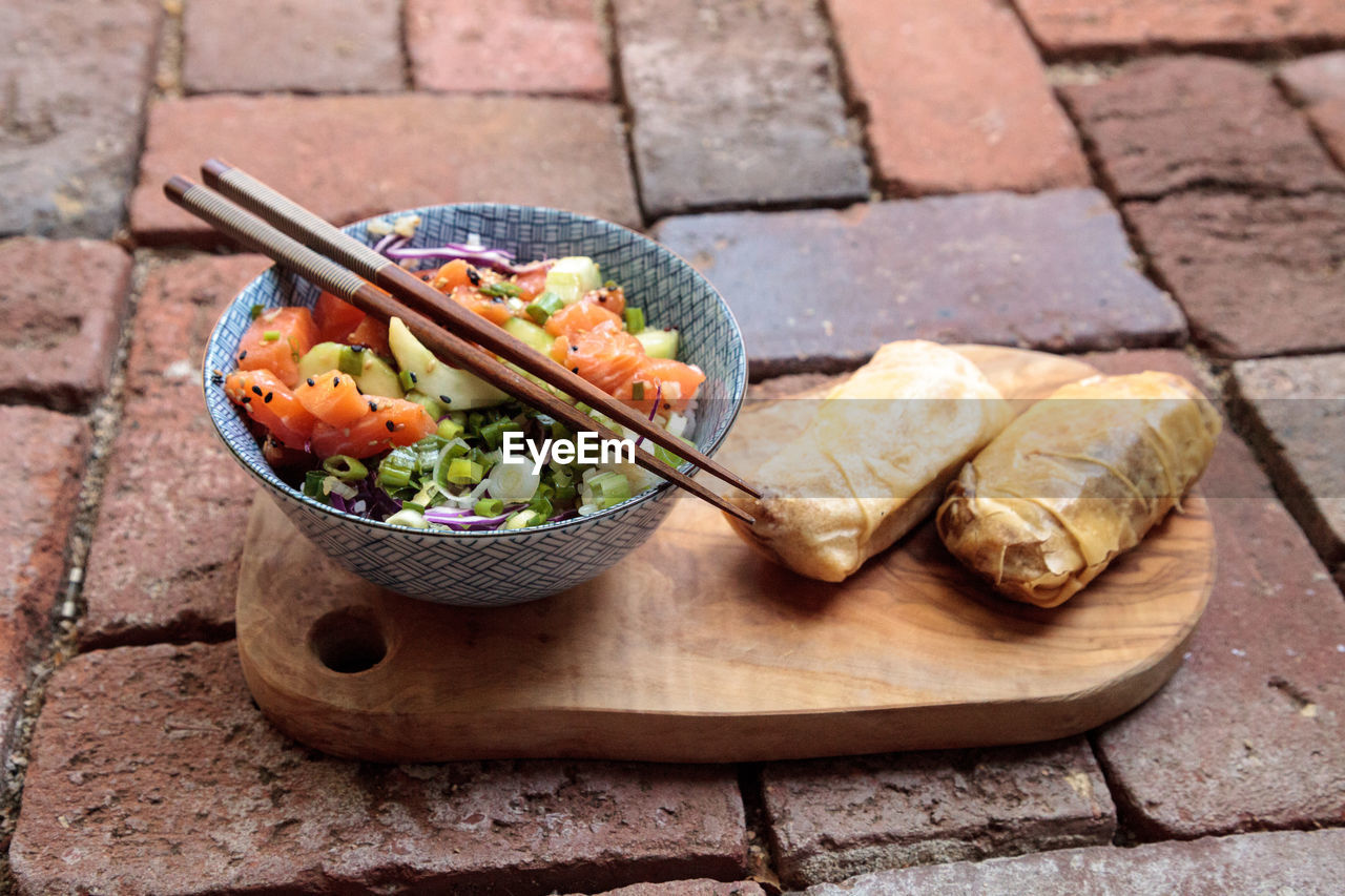 High angle view of food on cutting board