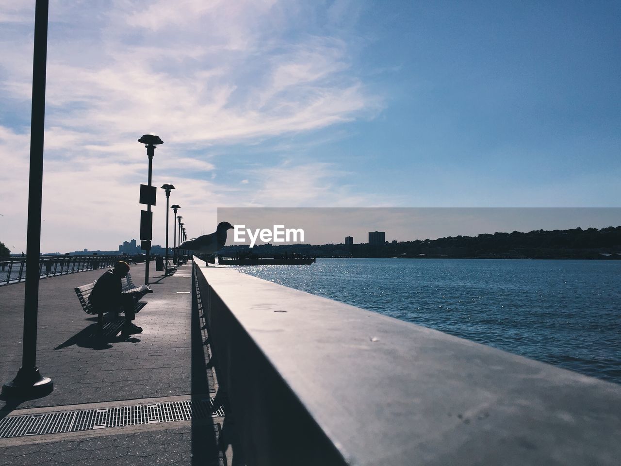 Man sitting on bench by sea against sky