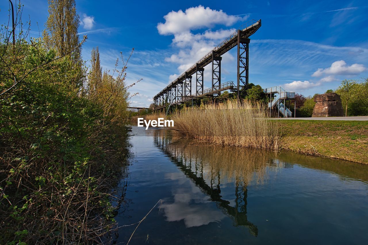 BRIDGE OVER CALM LAKE AGAINST SKY